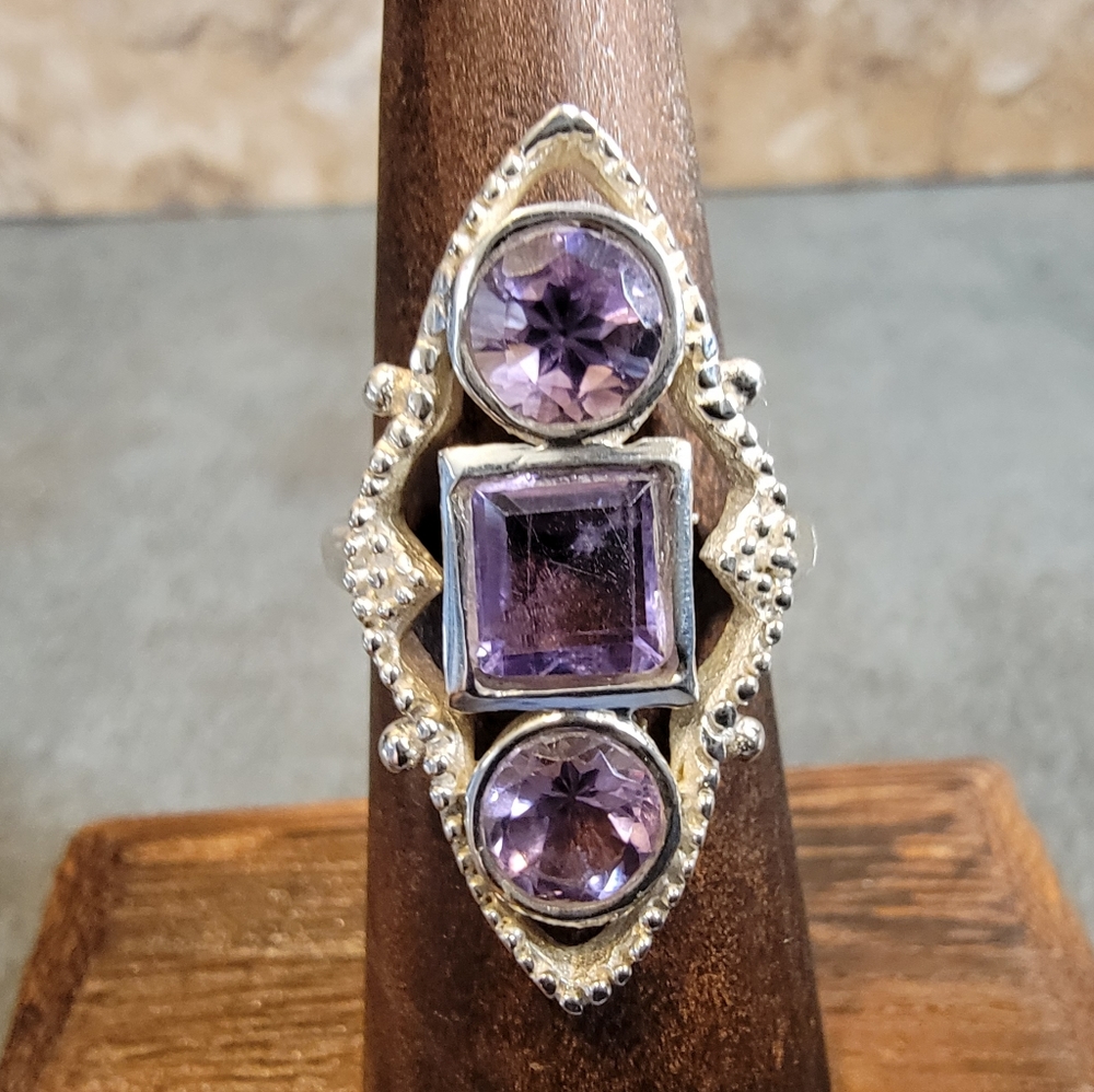 Native Amethyst Gemstone Ring 6 Sterling Silver 925 Quartz Stone Boho Jewelry